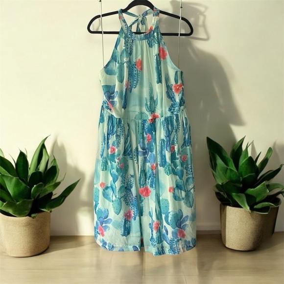 Modcloth Cactus Blue and Green Pleated Halter Sundress - Picture 2 of 4
